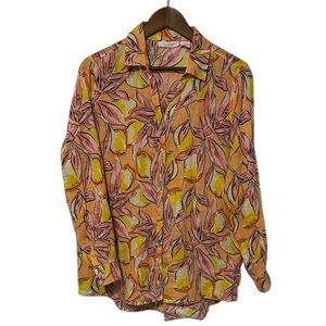 Isaac Mizrahi 100% Linen Lemon Print Button Down Roll Tab Sleeve Blouse Summer M